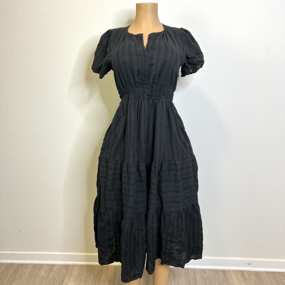 Organic Milkmaid Dress Babydoll Tiered Cottage Cotton Midi Puff Sleeve Black S
